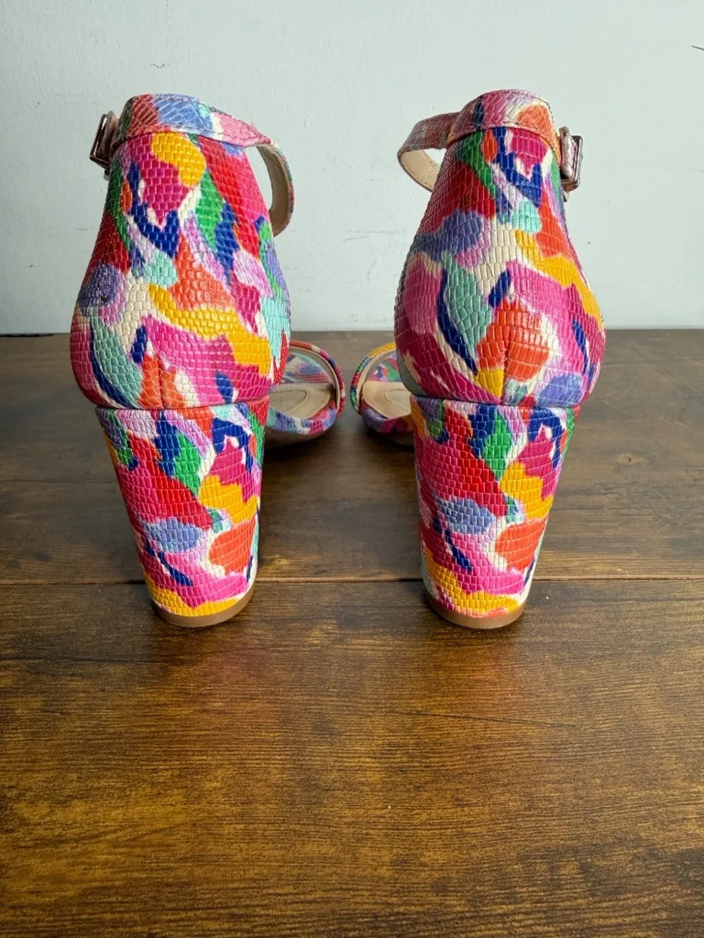 Alex Marie (7.5) sandals featuring a colorful watercolor print and a block heel